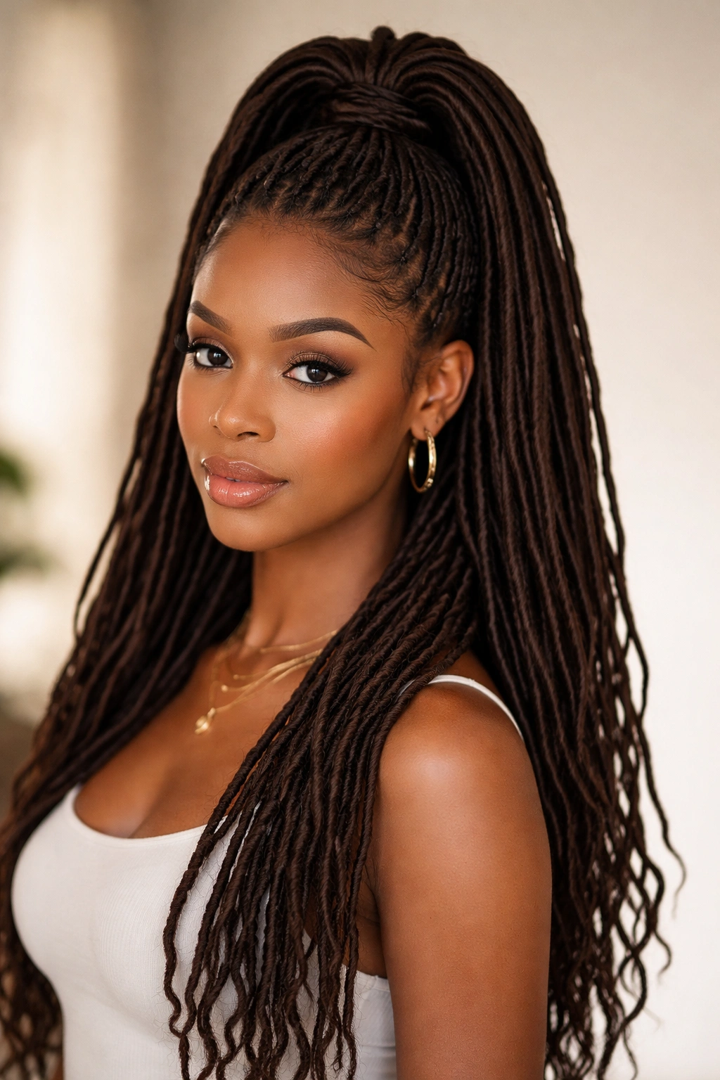 Half Up Loc Ponytail hairstyle with high ponytail on locs, studio portrait