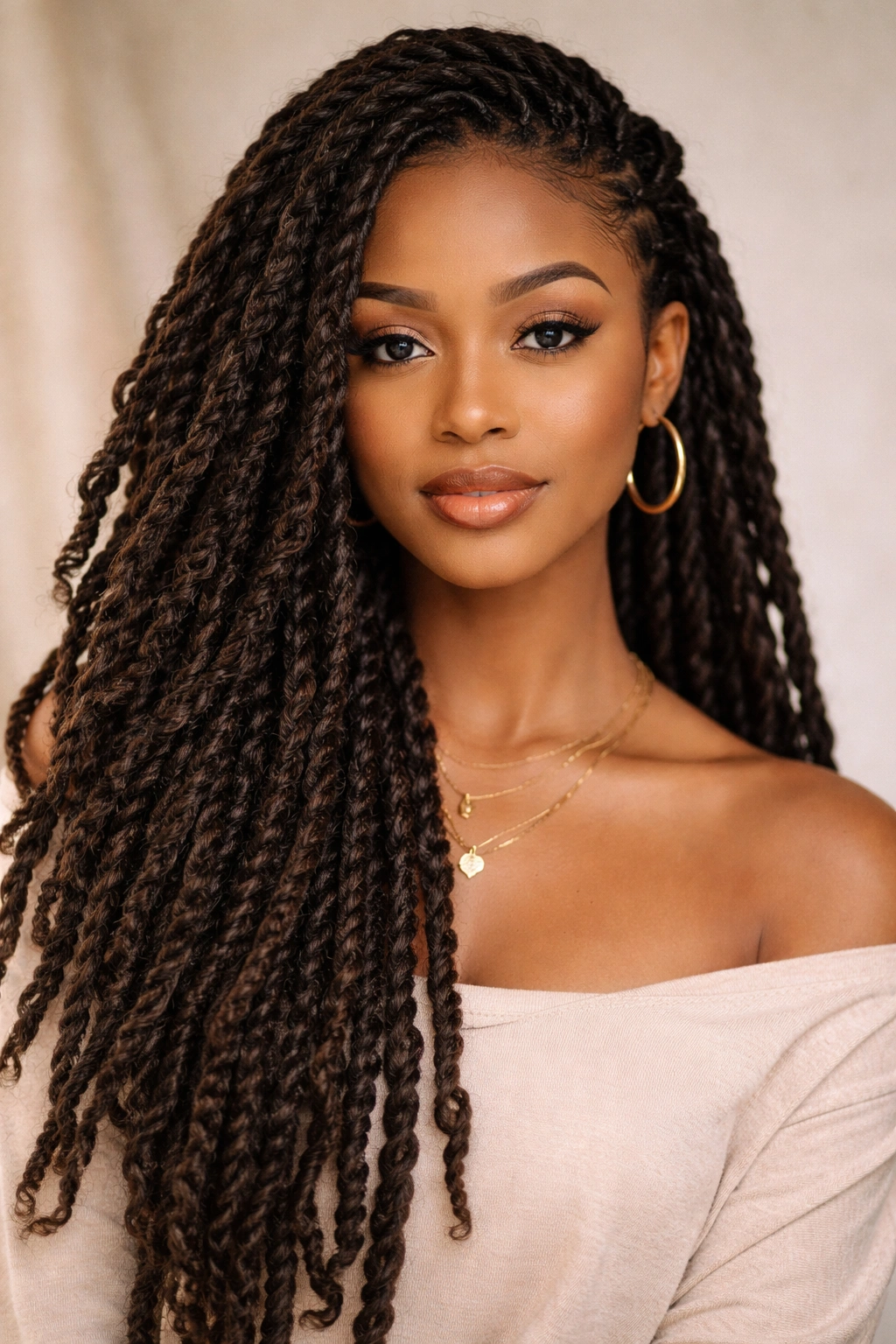 Close-up of thick faux loc twists with sealed ends on a neutral studio backdrop.