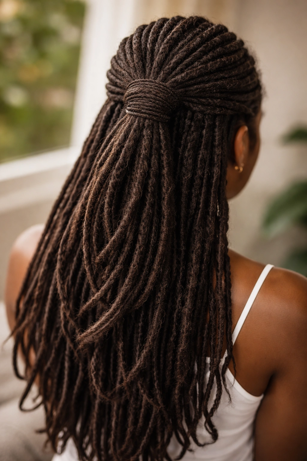 Loc wrap securing the top half-up with a wrapped loc detail