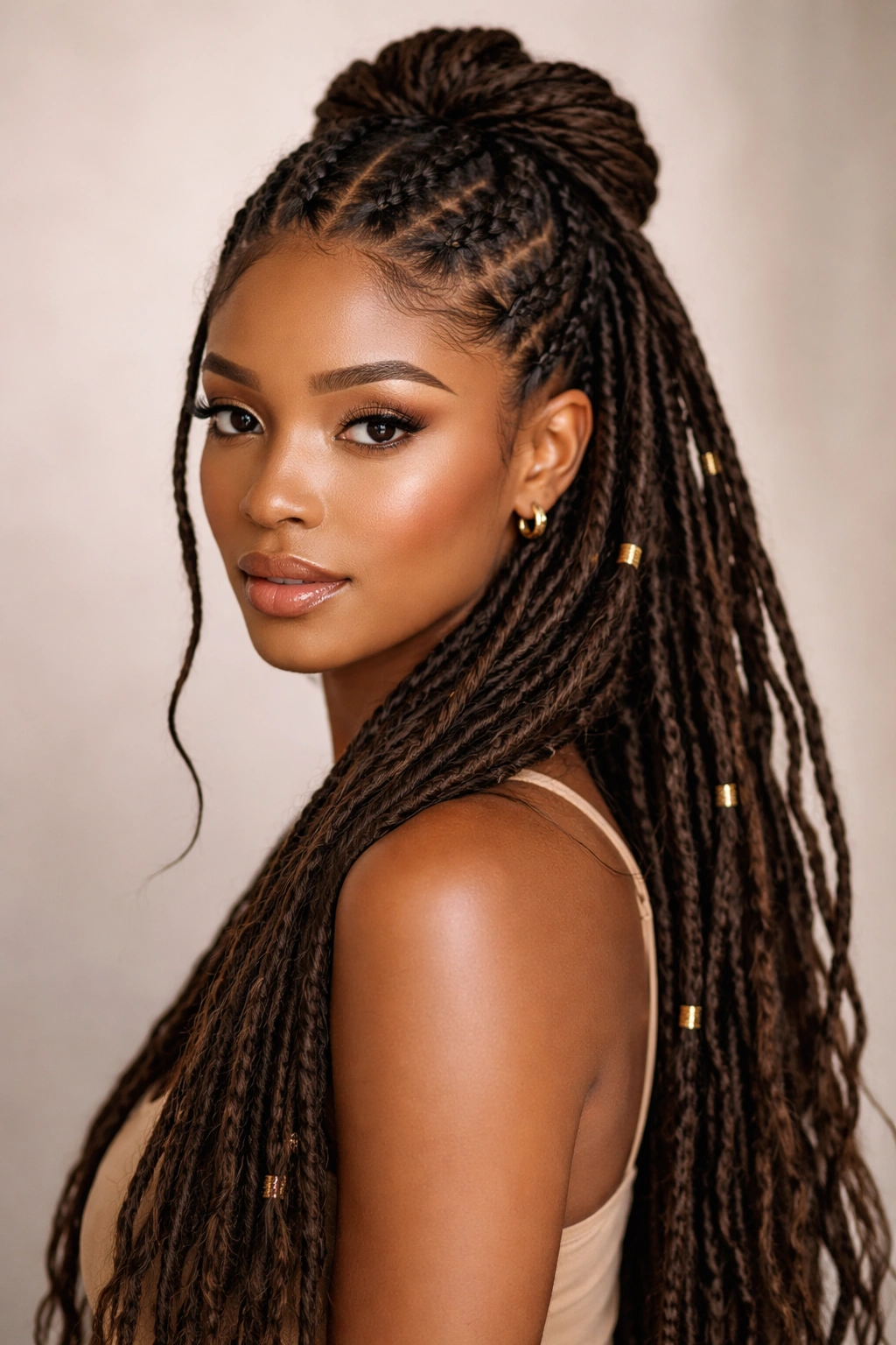 Braided half-up hairstyle with crown braids on long locs