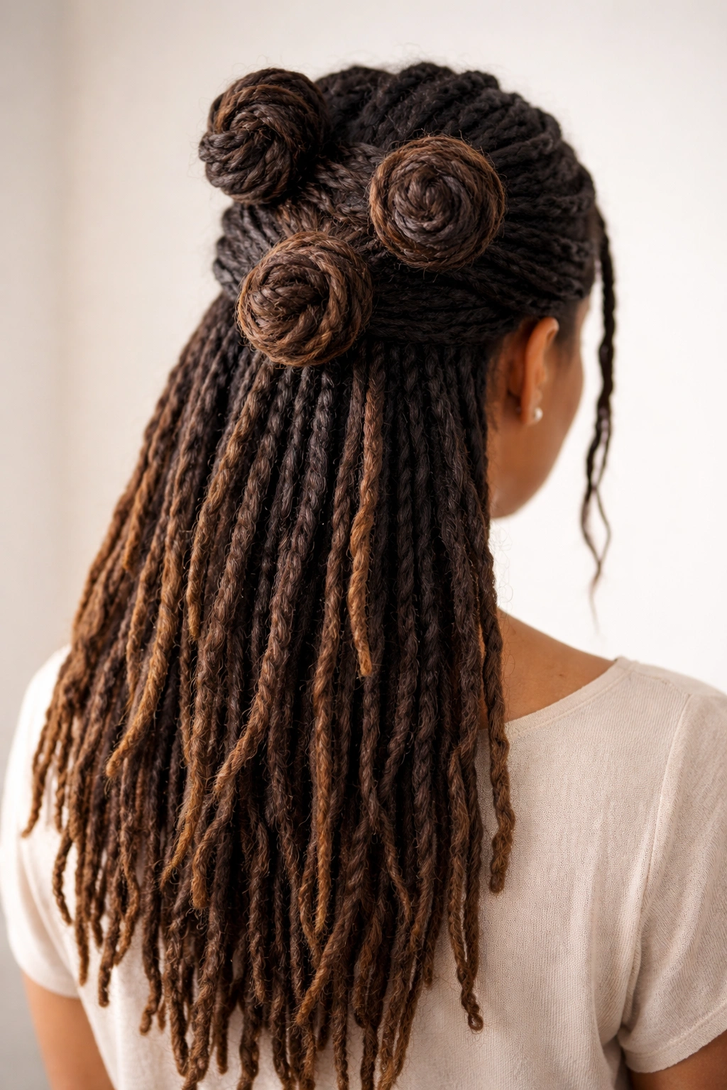Back view of locs styled into multiple buns for a bold half-up look