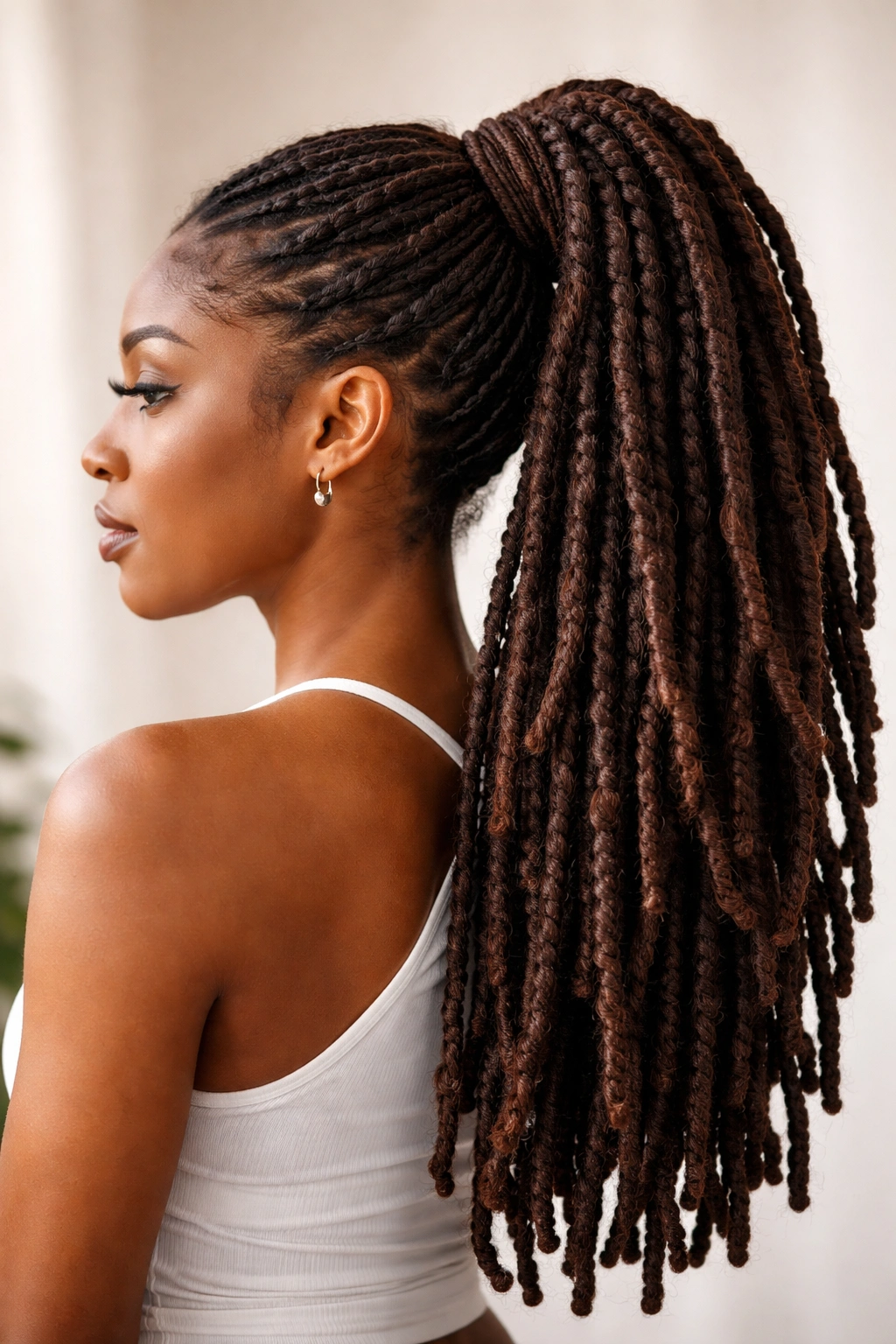 Thick faux locs crochet ponytail on neutral background