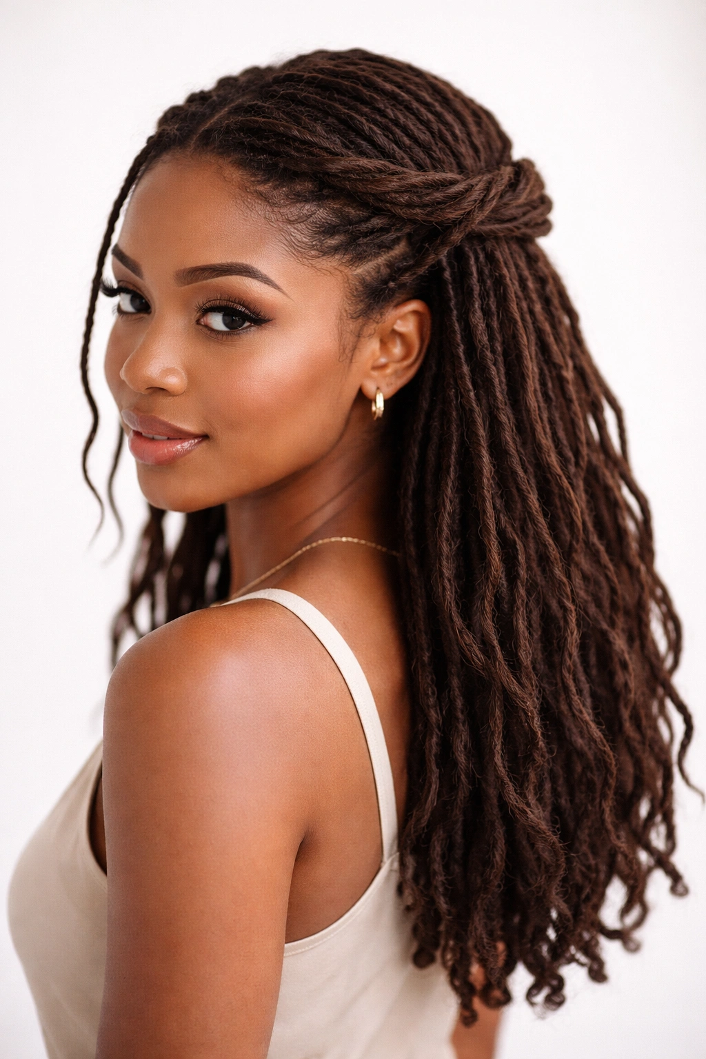 Portrait of a model with crown twists forming a half-up style, locs loose below.