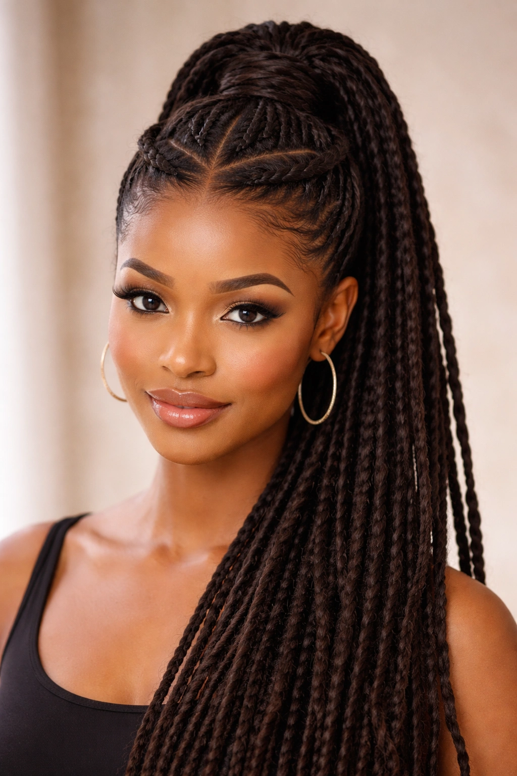 Twisted crown wraps around the head converging into a ponytail