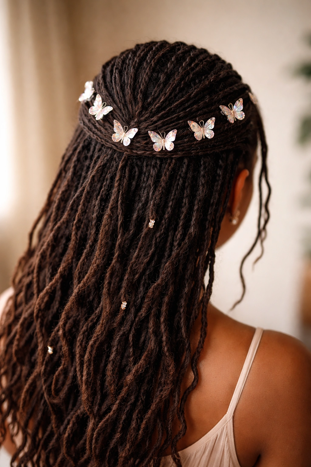 Butterfly clips following a curved path over the crown in half-up hairstyle