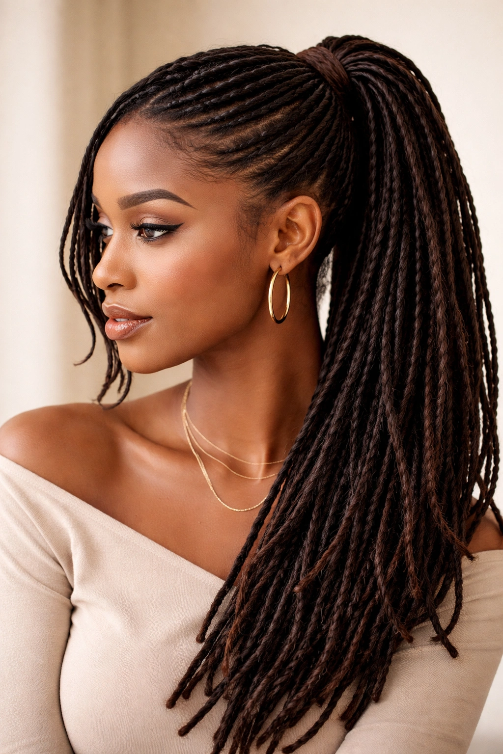 Curved path of hair forming a side half ponytail