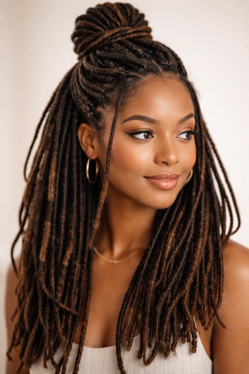 Front view of a model with two stacked half-up sections and loose locs below.