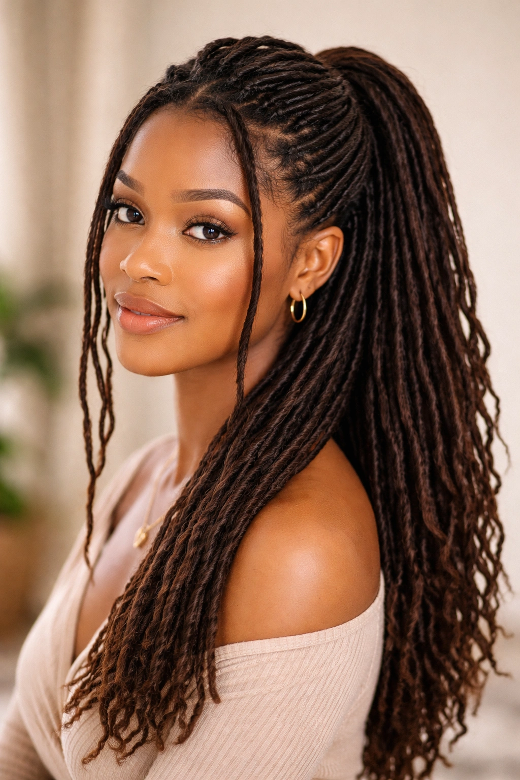 Front-section locs gathered into a small ponytail at the nape