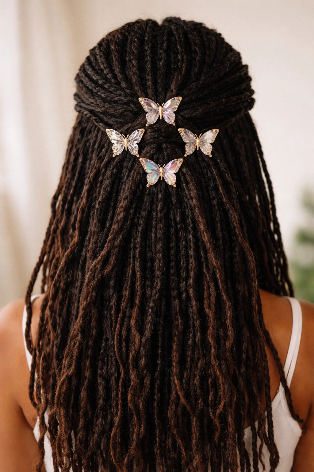 Half-up locs with four to six butterfly clips forming a geometric pattern