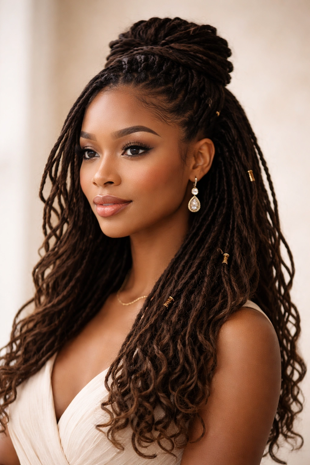 Textured locs styled in a half-up with face-framing strands.