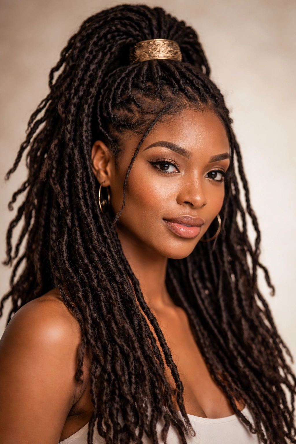 Close-up of a person’s locs styled in a half-up half-down hairstyle with a decorative cuff