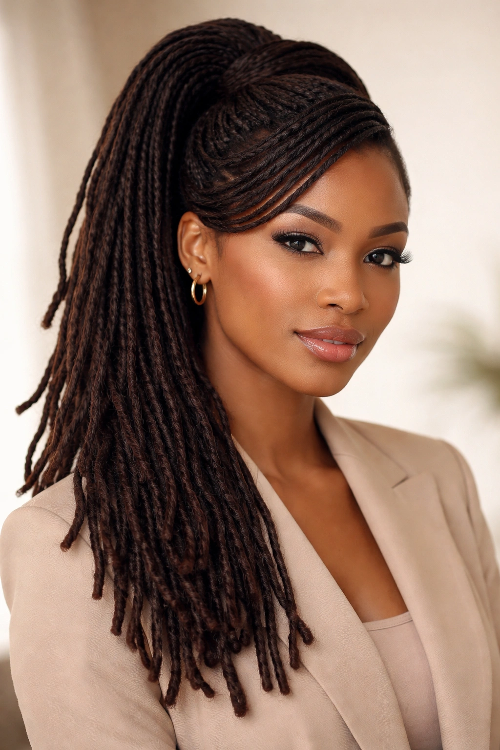 Close-up of a model with a sleek high pony and side-swept top, locs styled in half-up half-down.