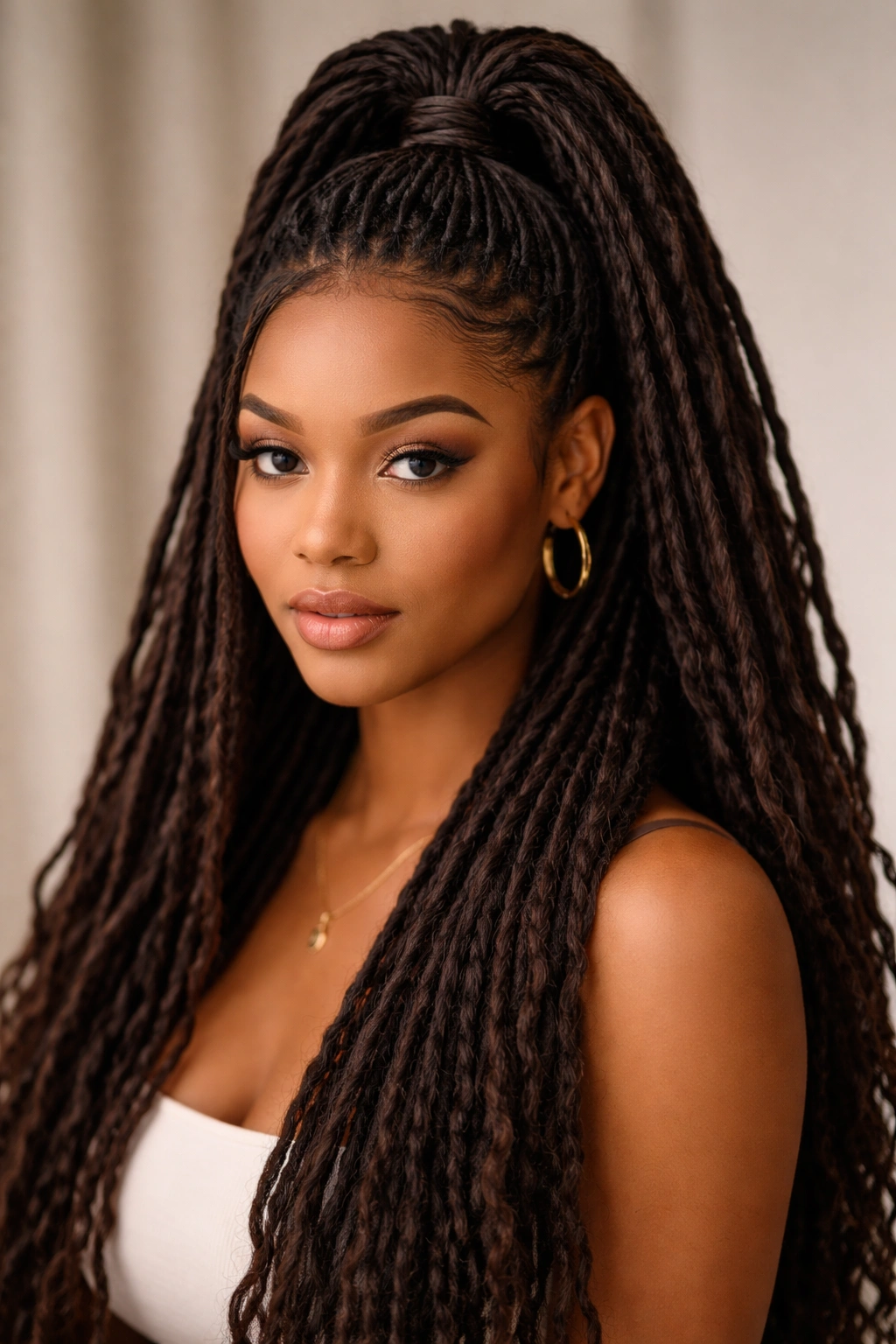 Close-up of a person with a high half-up ponytail showing loc textures