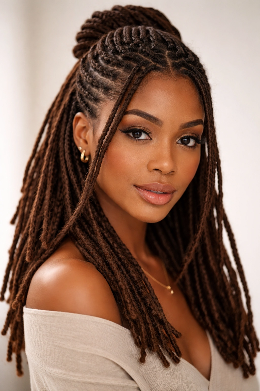 Close view of front-interlocked half-up with crisp front sections and loose lower locs.