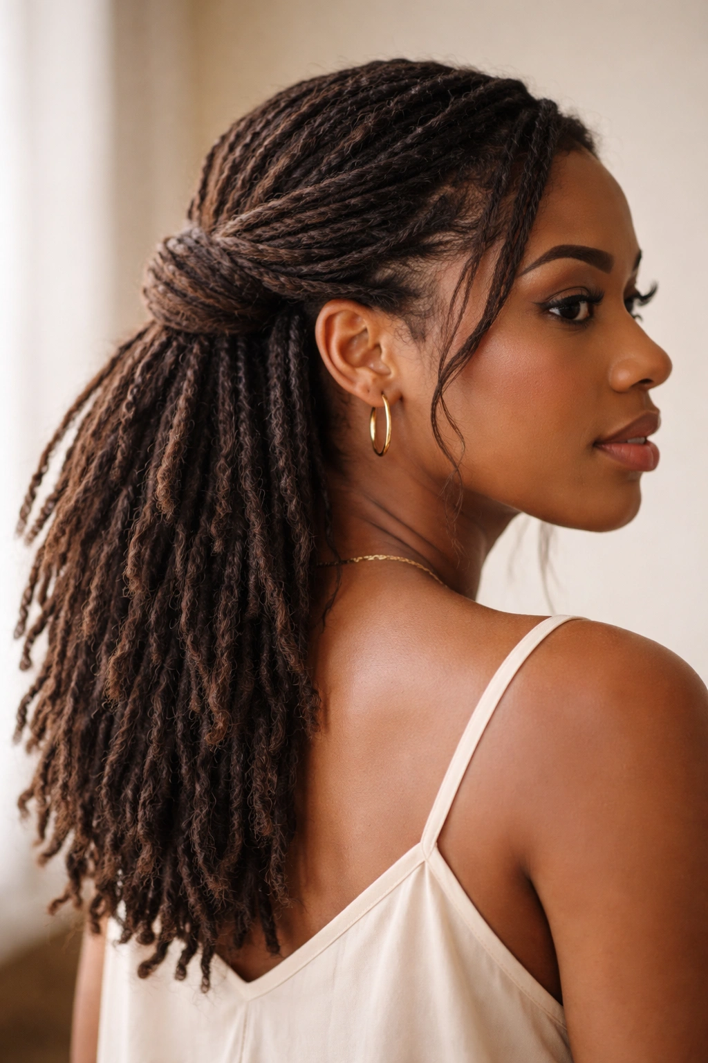 Profile view of a model in a low side half-up with textured secured section and loose locs.