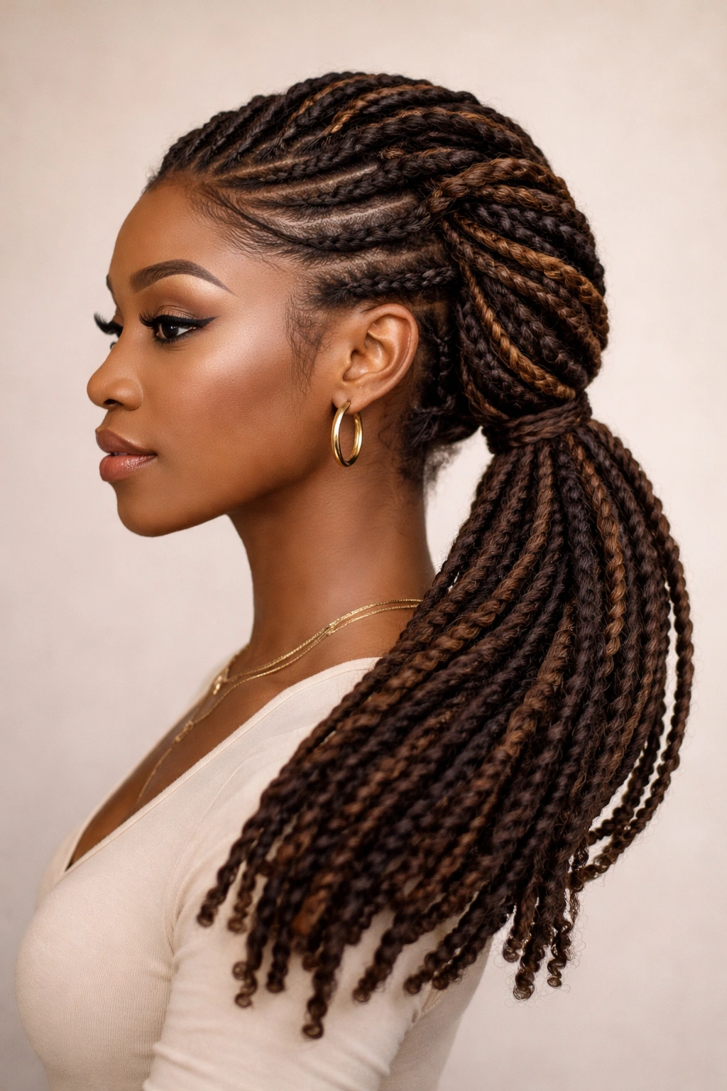 Spiral twist locs forming a side ponytail along one side of the head