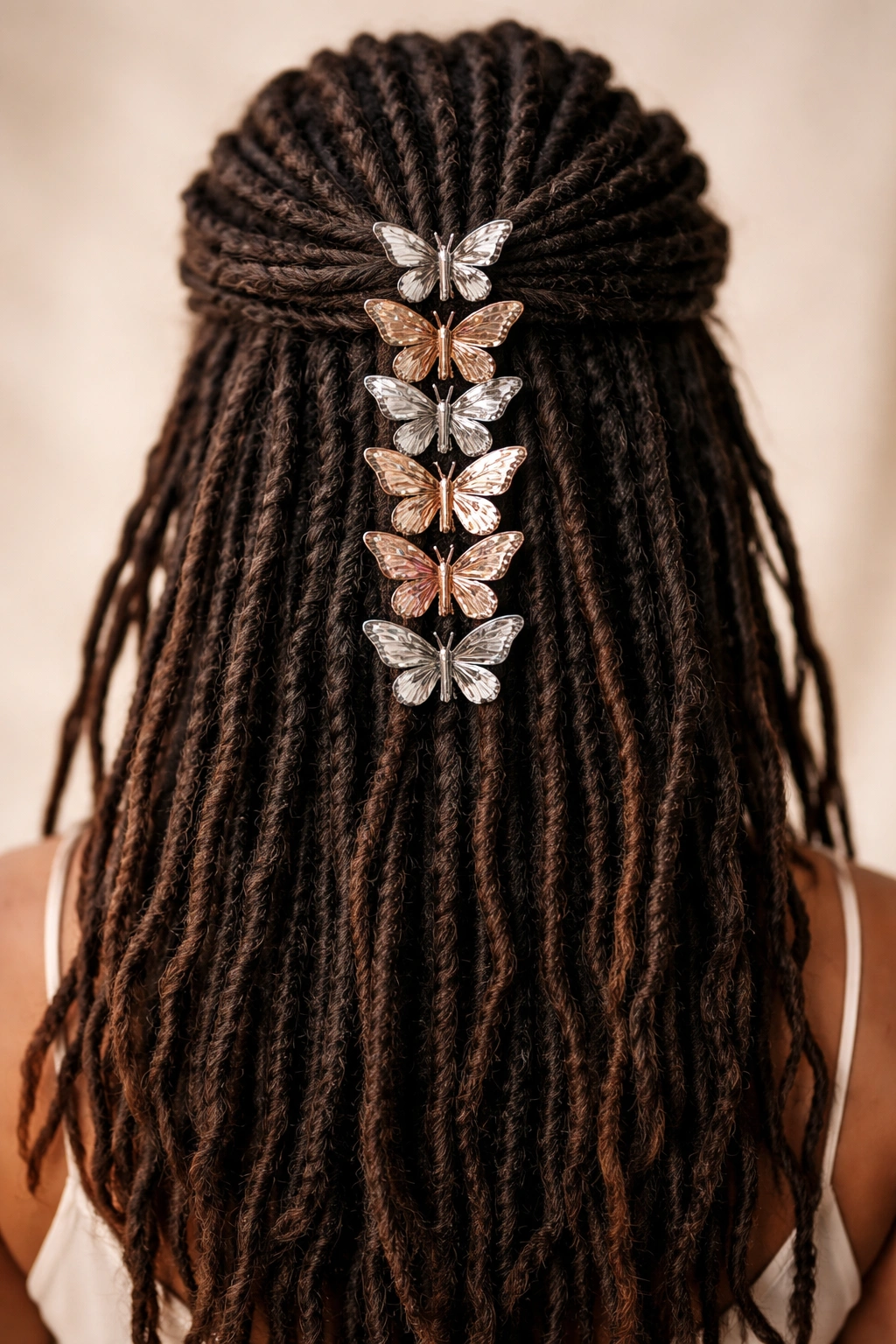 Back view of half-up locs with a dense stack of butterfly clips
