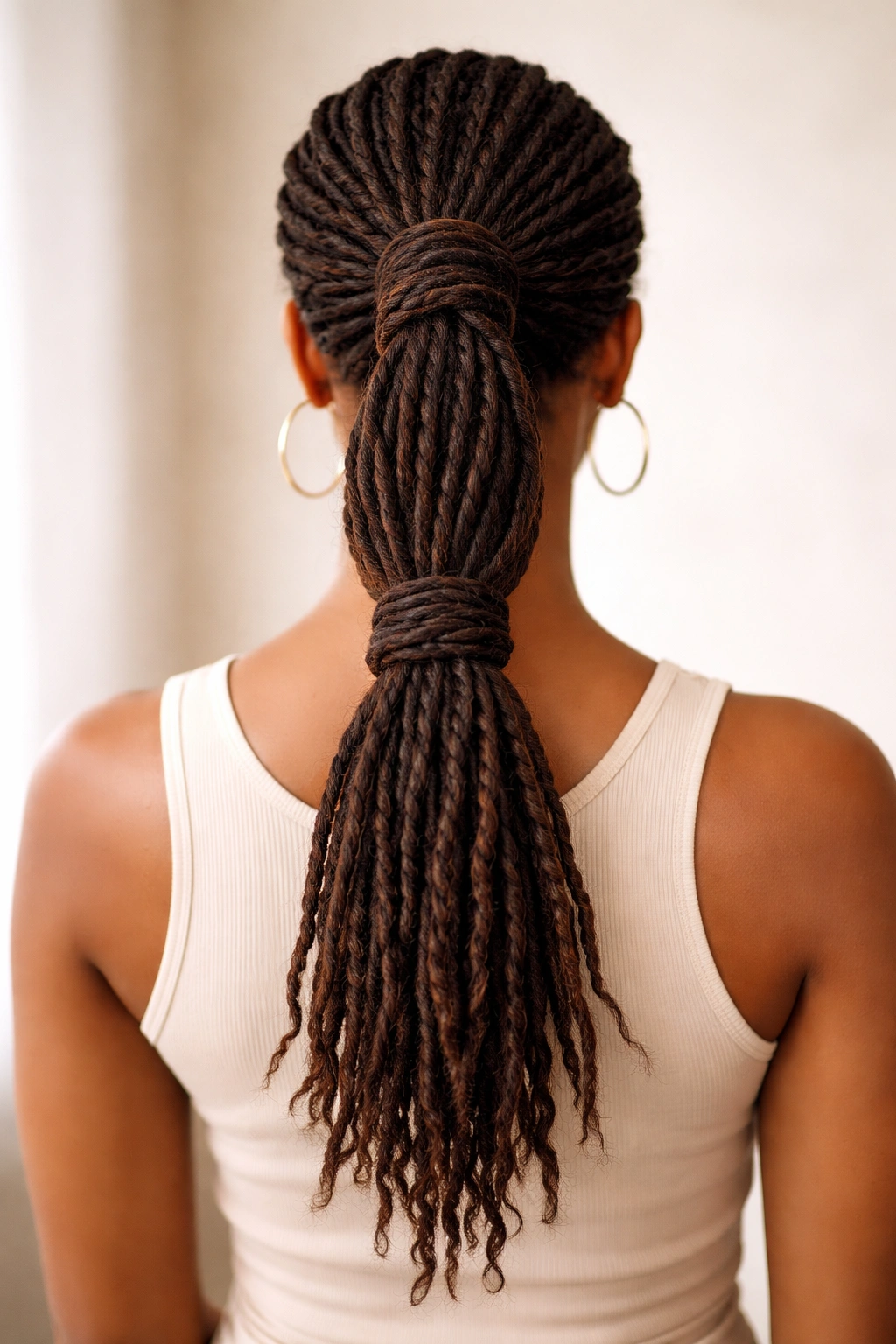 Back view of two-tier twisted ponytails stacked vertically on locs