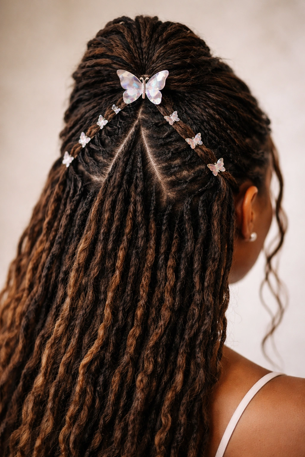 Close-up of locs styled in a triangular crown with a butterfly clip