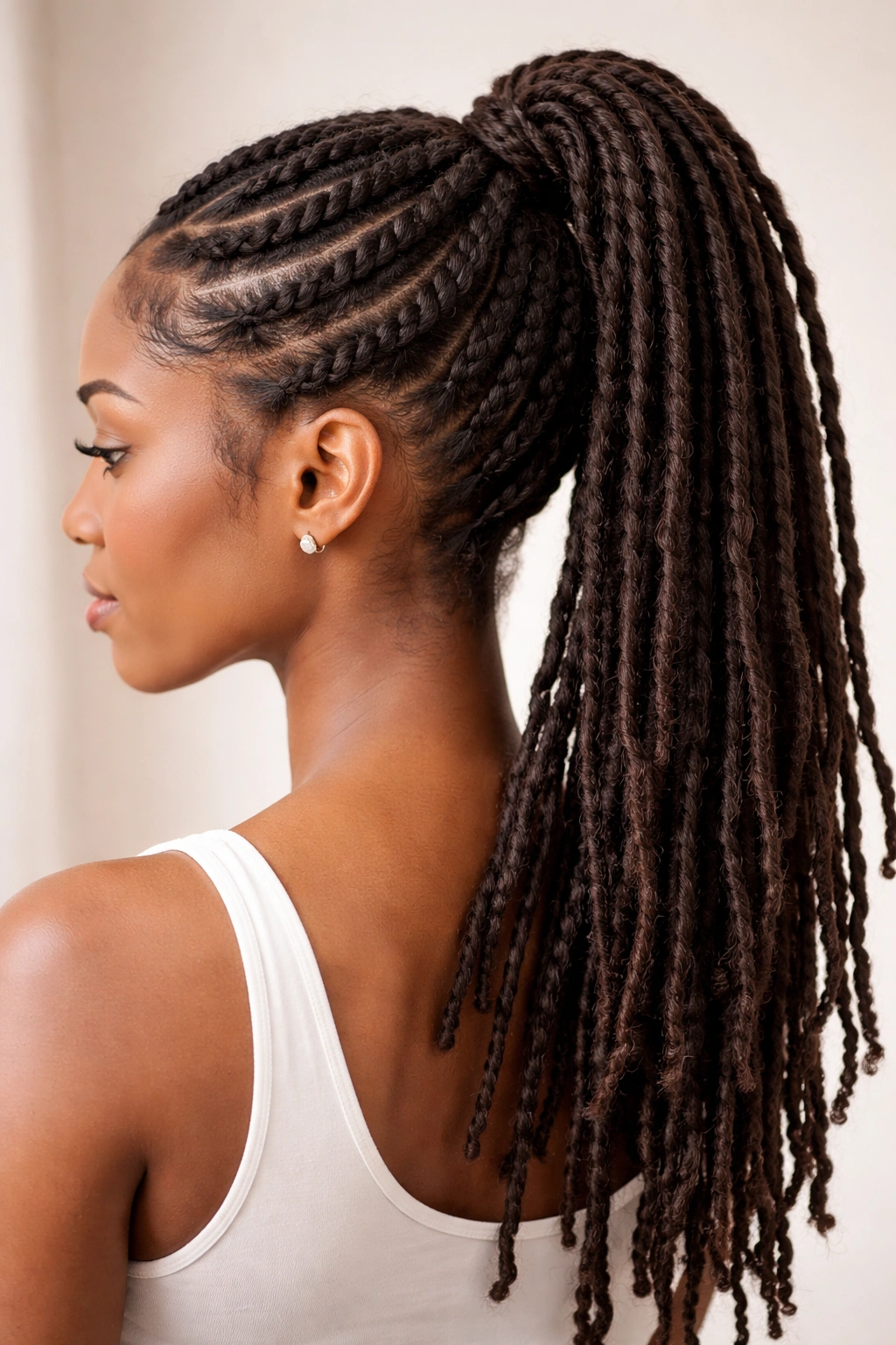 Close-up of locs with two-strand twists forming a crown and high ponytail