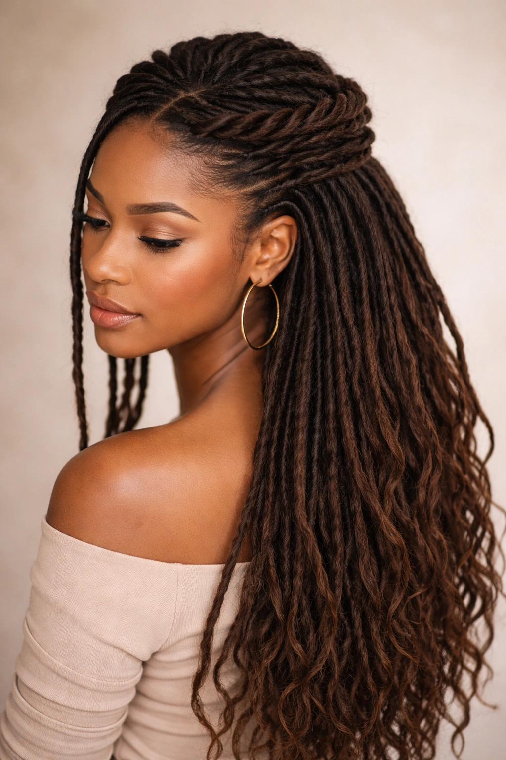 Close-up of twisted crown half-up hairstyle with spiraled locs