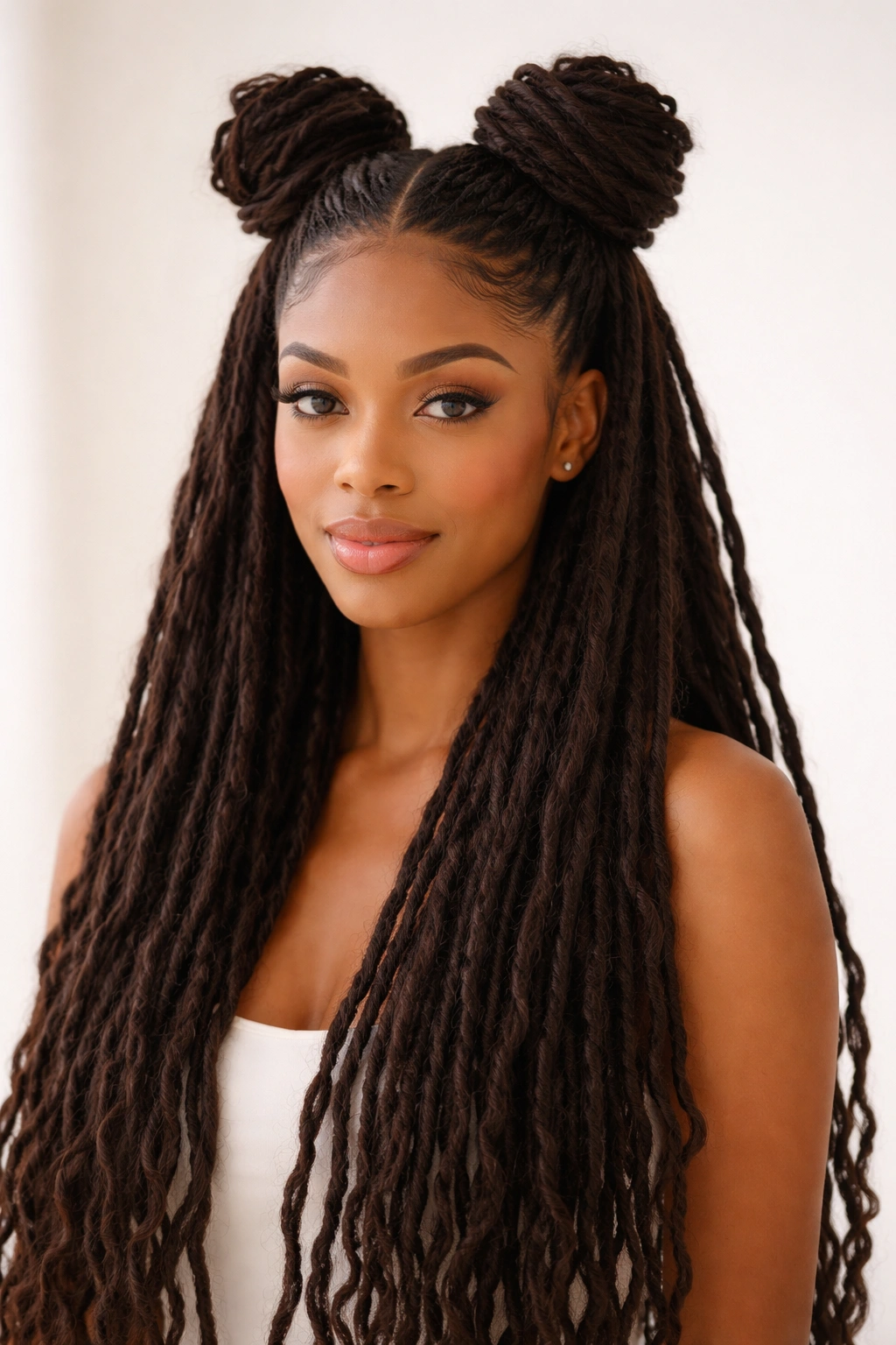 Two small buns at crown with long locs cascading down