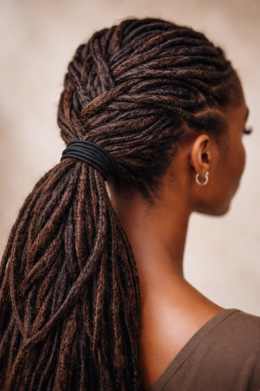 Interlaced woven locs forming a ponytail