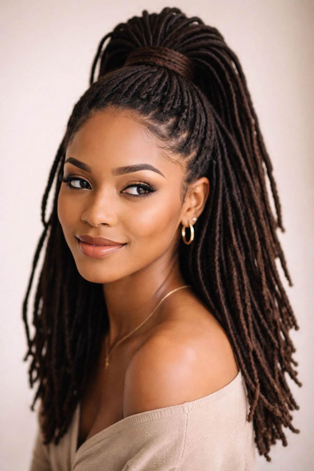 Profile view of a model with a wrapped base high half-up, elastic concealed by wrapped loc.