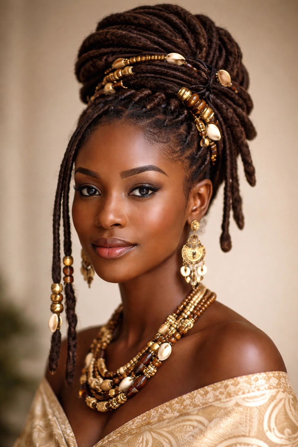 Locs styled in an upswept traditional Yoruba updo with thread wraps