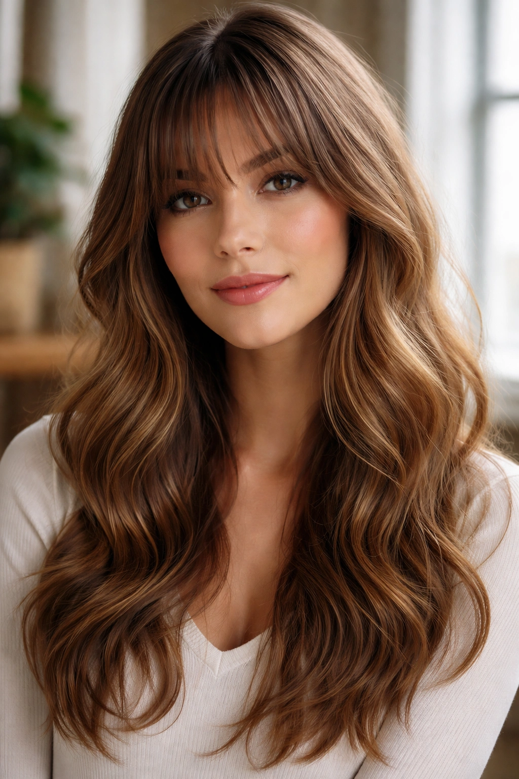Portrait with long bangs softly framing the face and loose waves