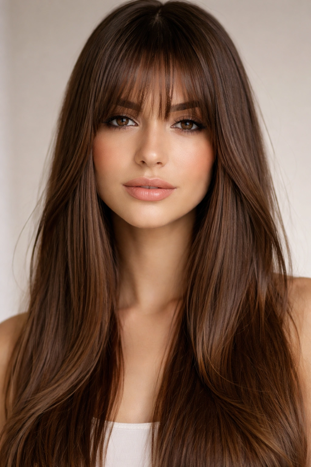 Close-up of long face-framing bangs extending past the eyebrows