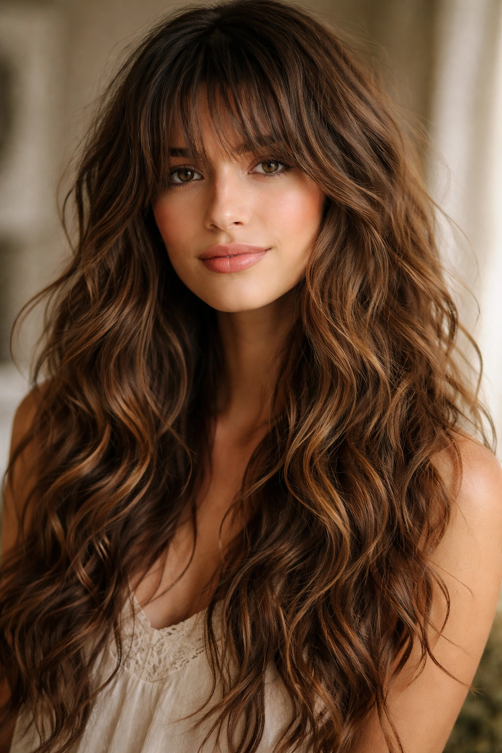 Portrait of long soft bangs with tousled waves on long hair