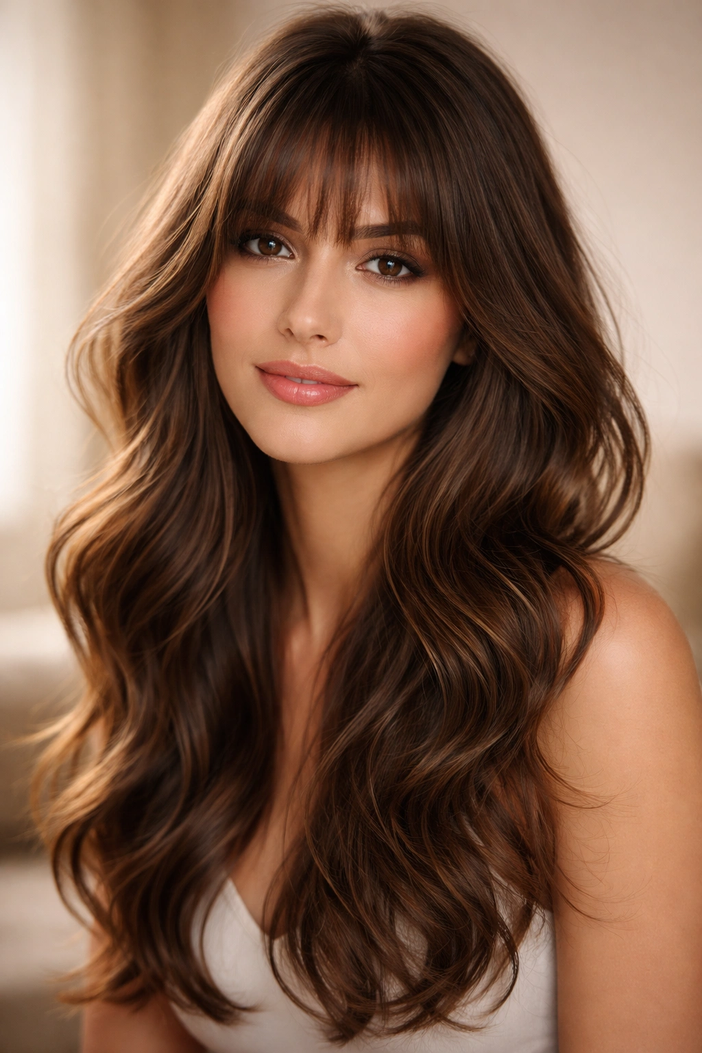 Portrait of long layered bangs with soft romantic waves on a squared-face subject in warm studio lighting