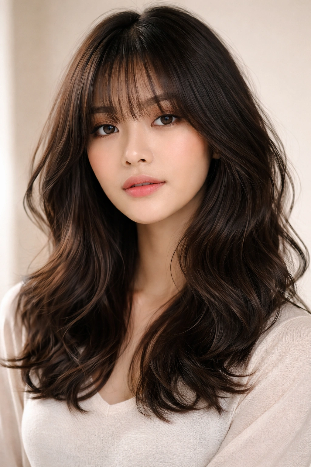 Portrait of a model with long bangs and a wavy lob hairstyle