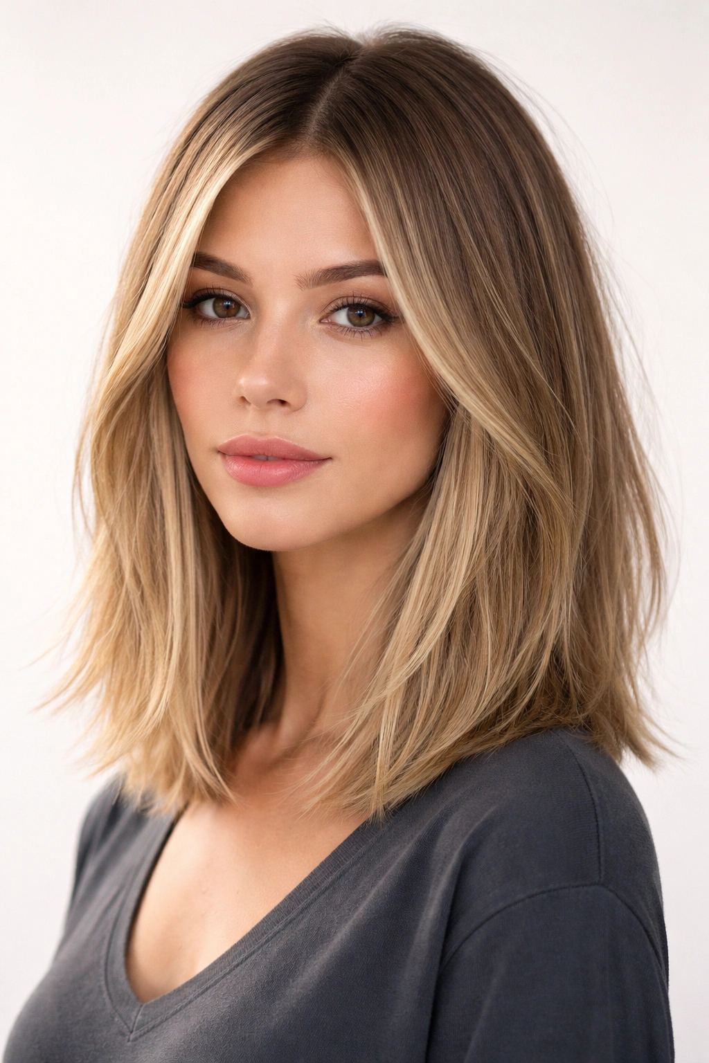 Long bob with textured, shaggy ends at shoulder length