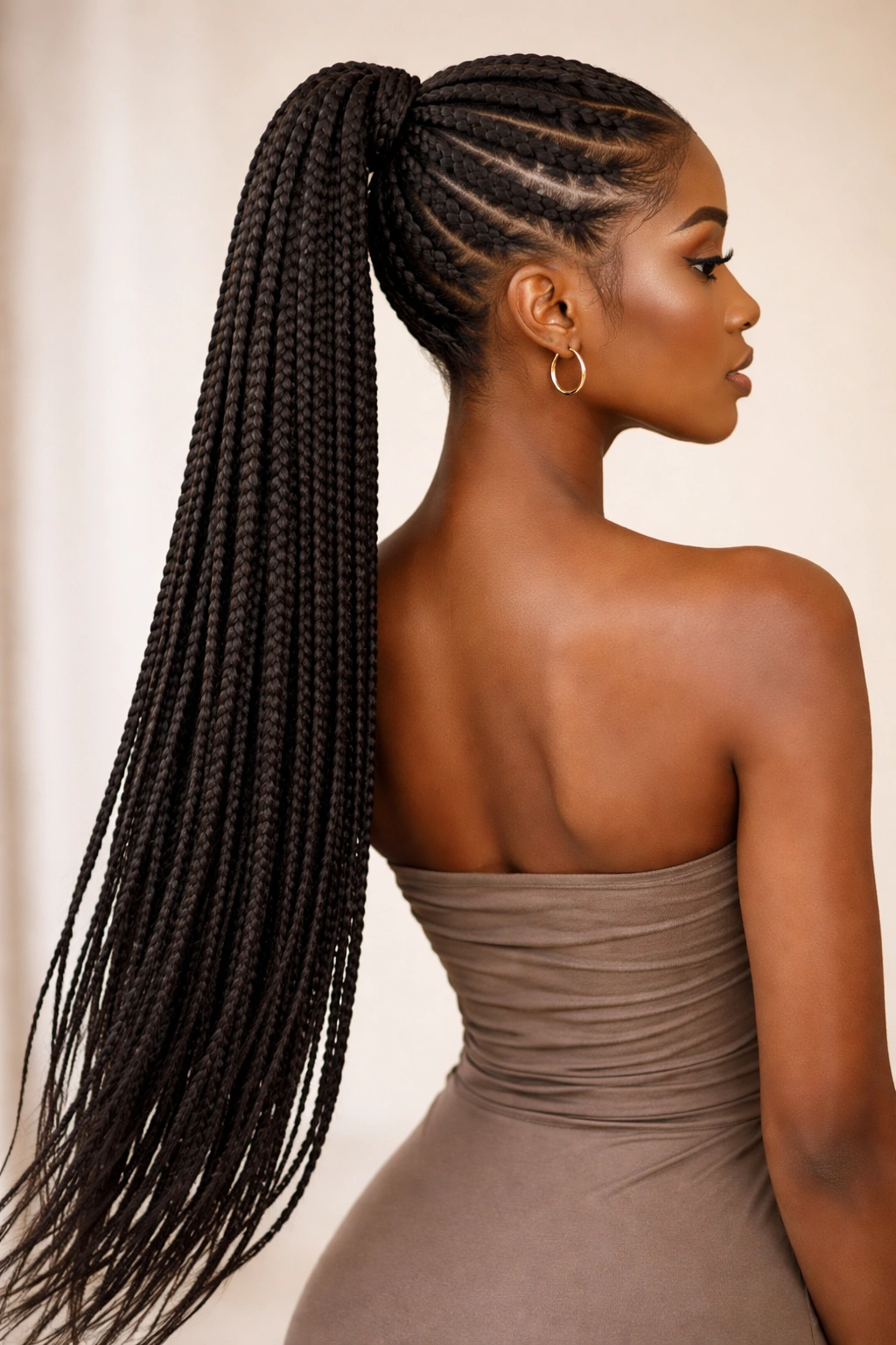Long box braids forming a lengthy ponytail down the back