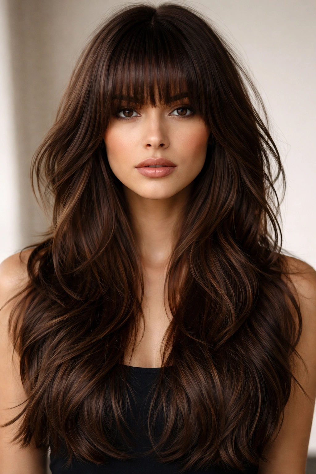 Close-up front view of a model with long choppy layers and heavy bangs in brown hair