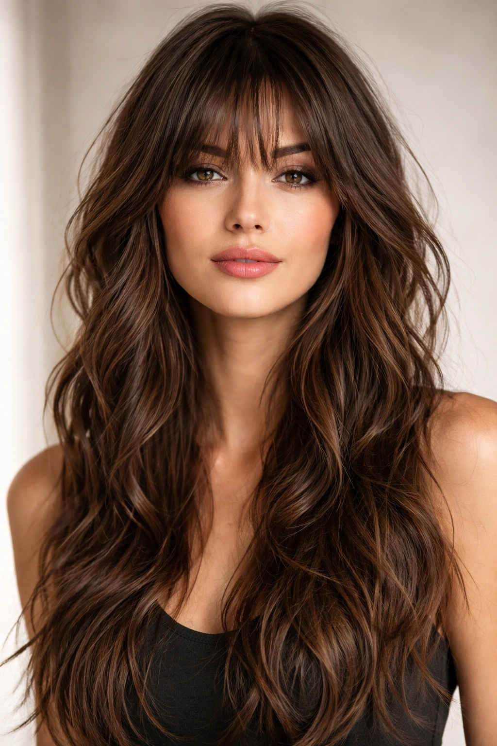 Long hair with choppy layers and wispy bangs showing edgy texture.