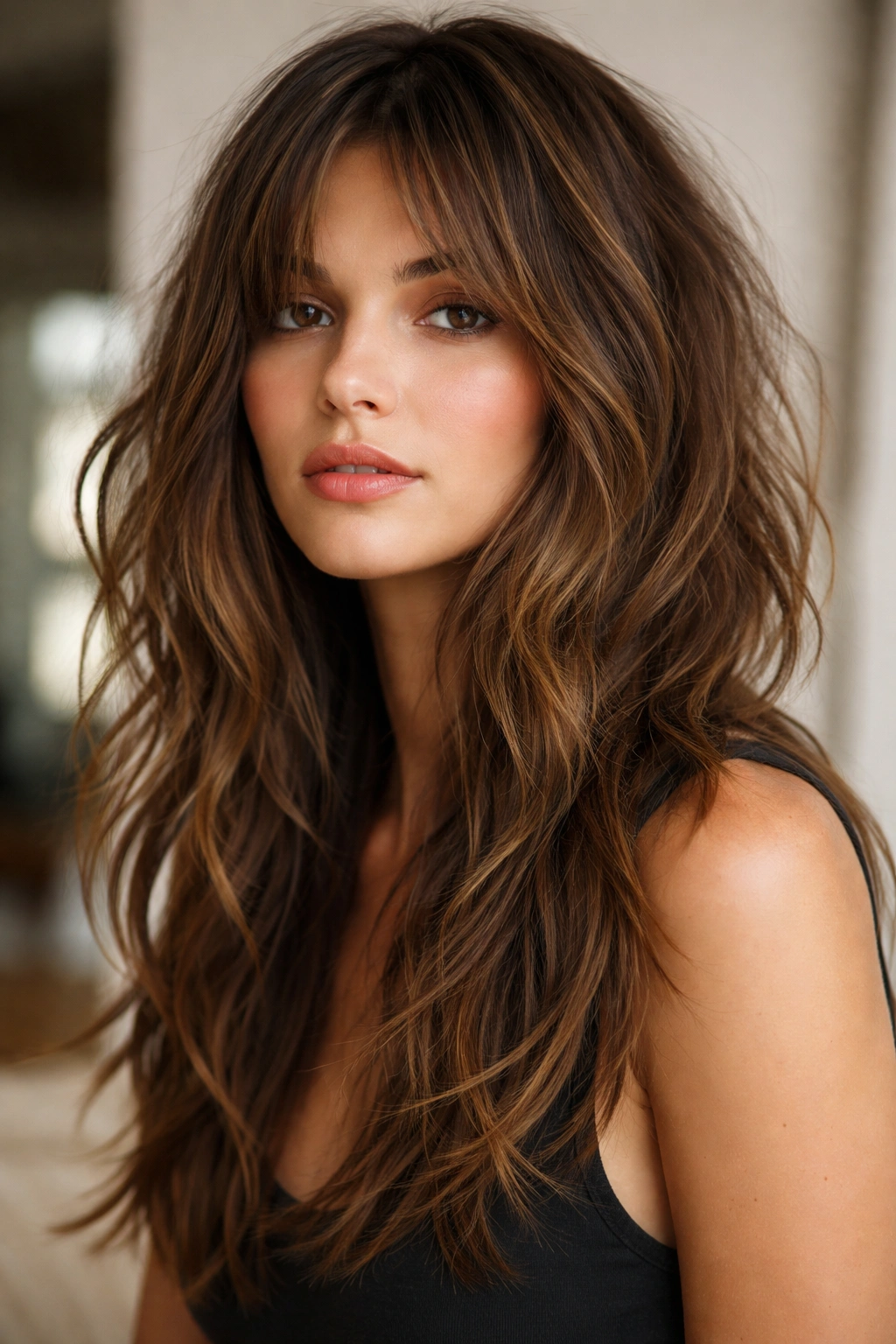 Long wavy hair with choppy ends and minimal weight at the ends