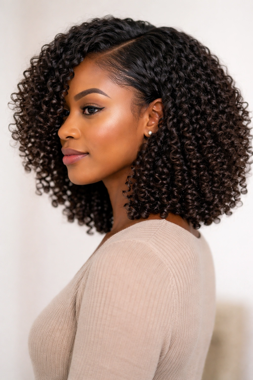 Profile of long coiled hair arranged into a natural bob with a deep side part