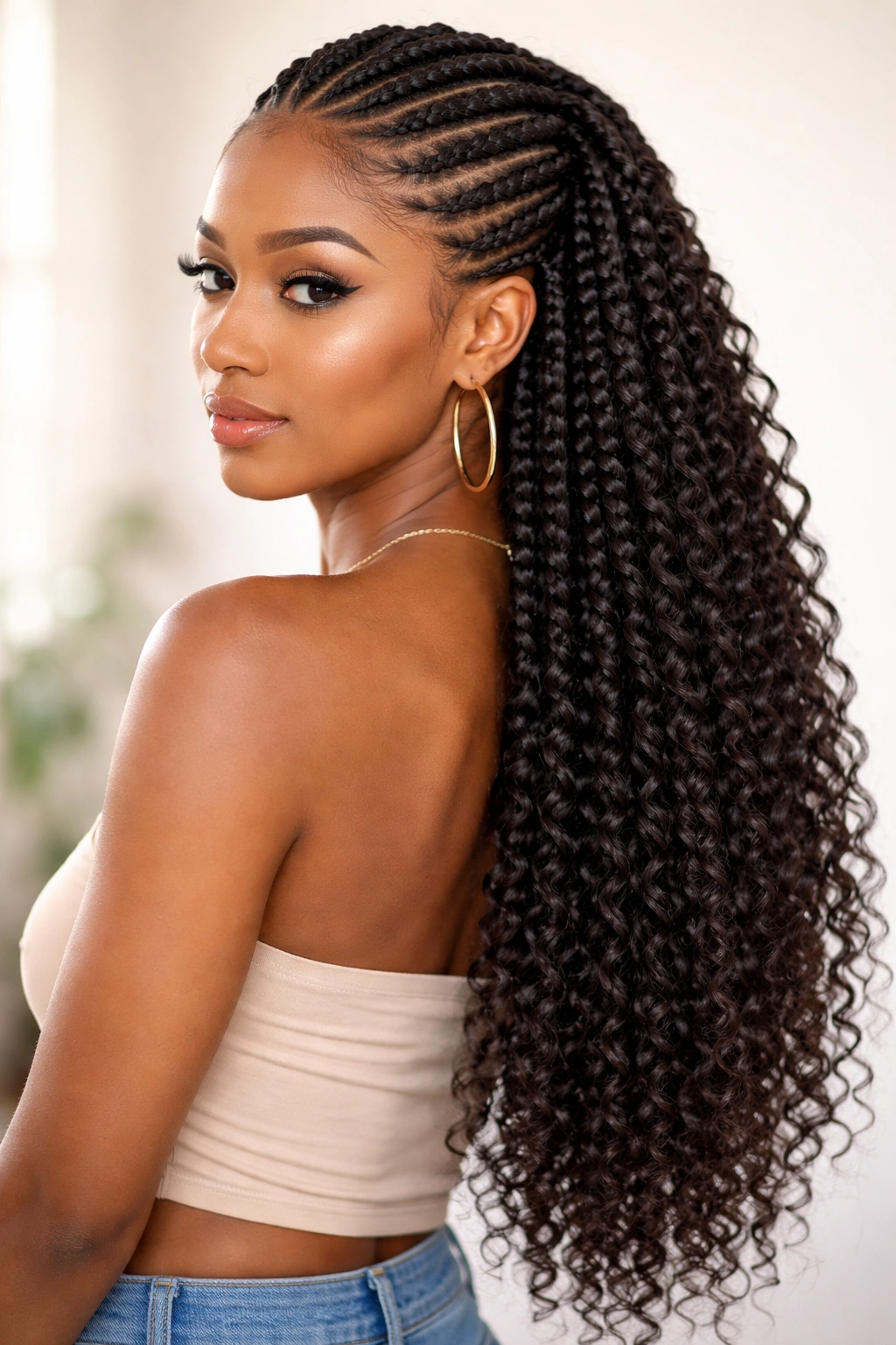 Cornrows with long crochet hair reaching mid-back, full head view