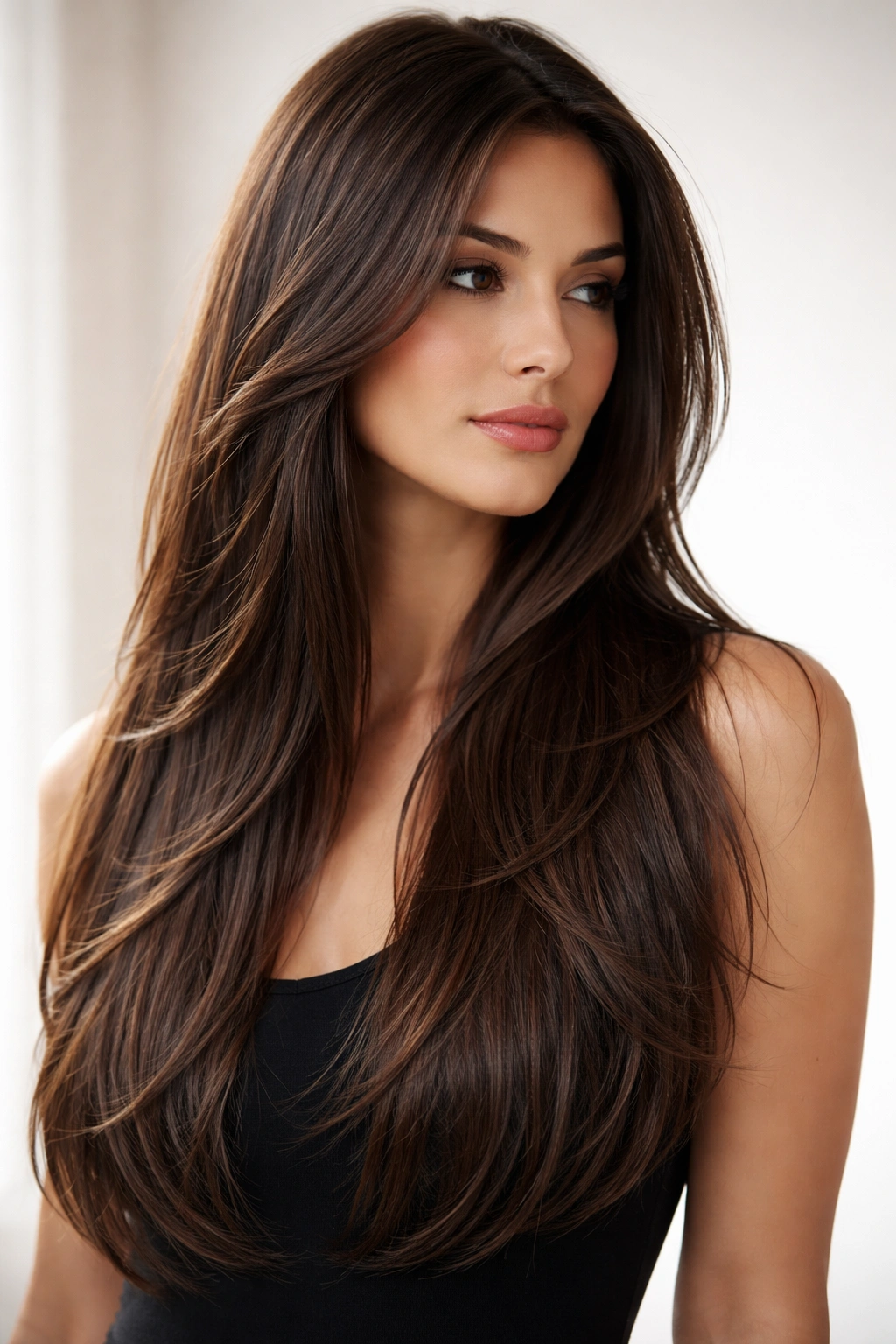Long straight hair with soft feathered layers along the length