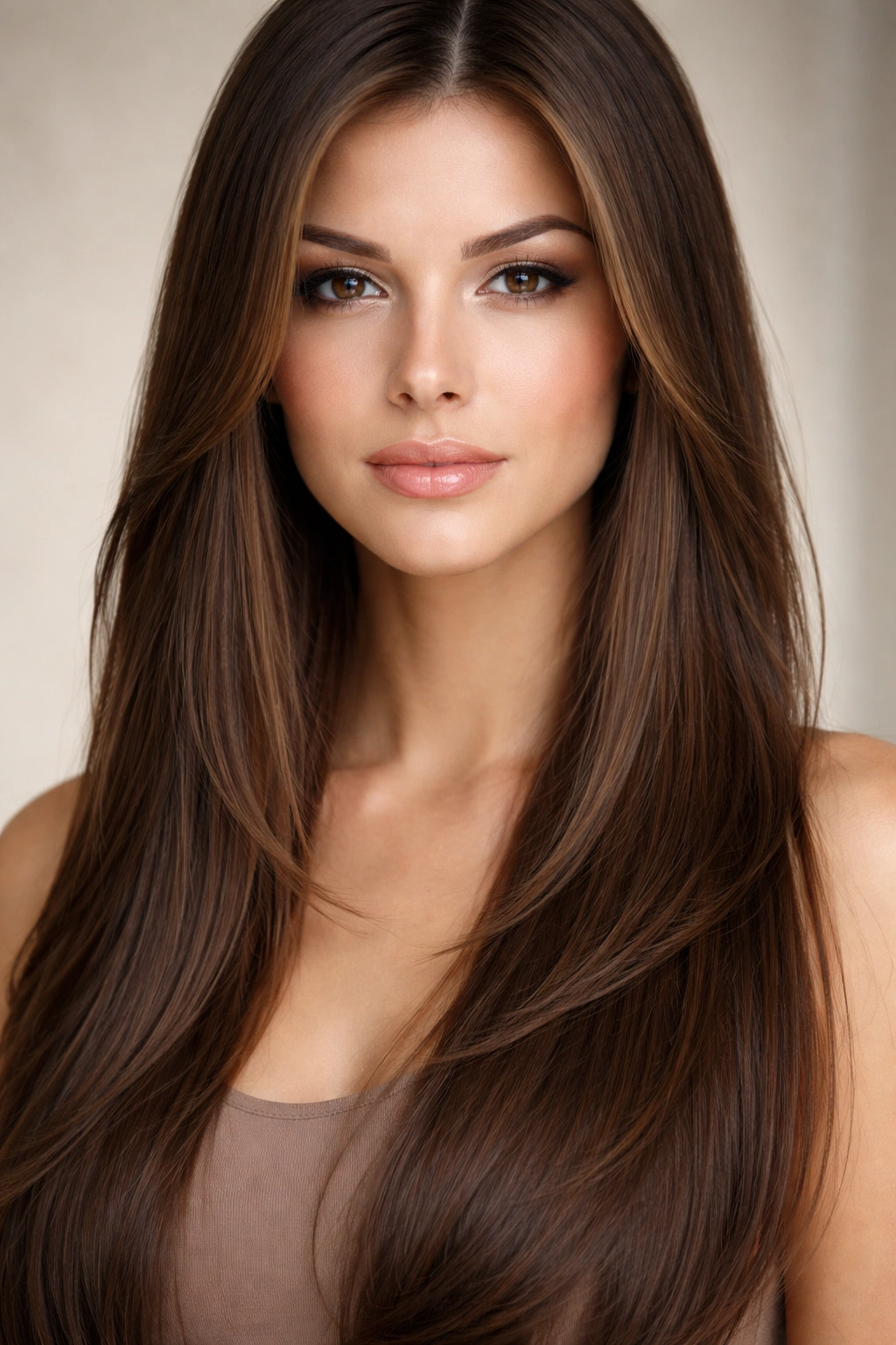 Close up of long straight hair with face-framing layers around temples and jawline