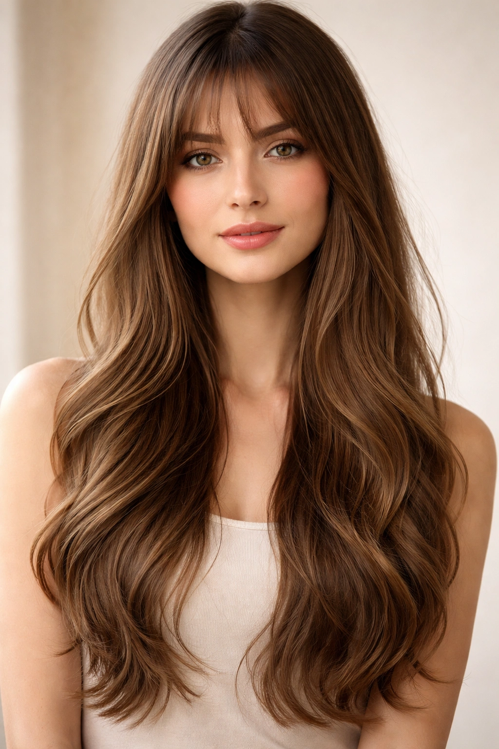 Close-up of long hair gradient from straight to wavy with subtle wispy bangs
