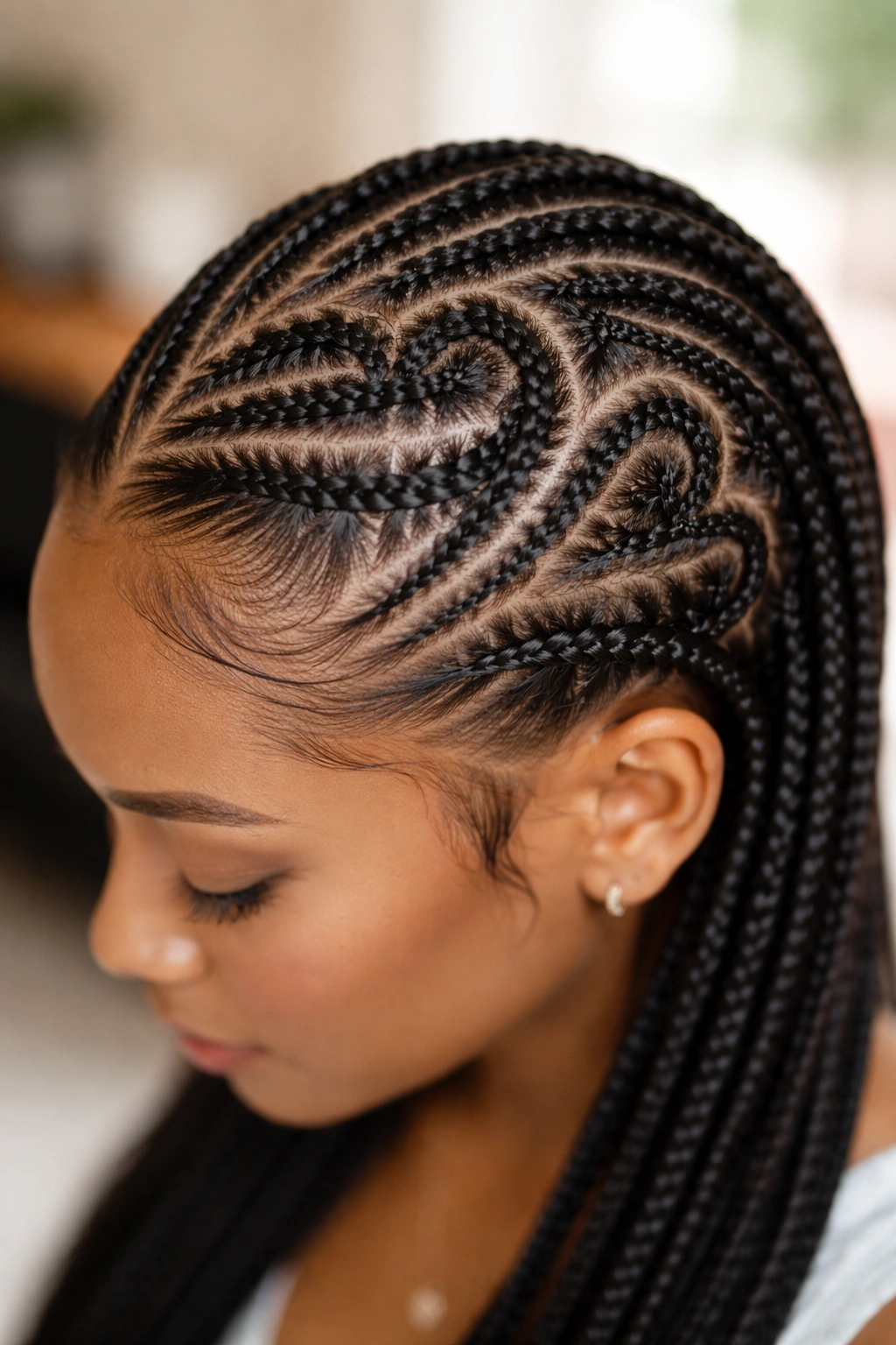 Close-up of neat heart-pattern cornrows on the scalp