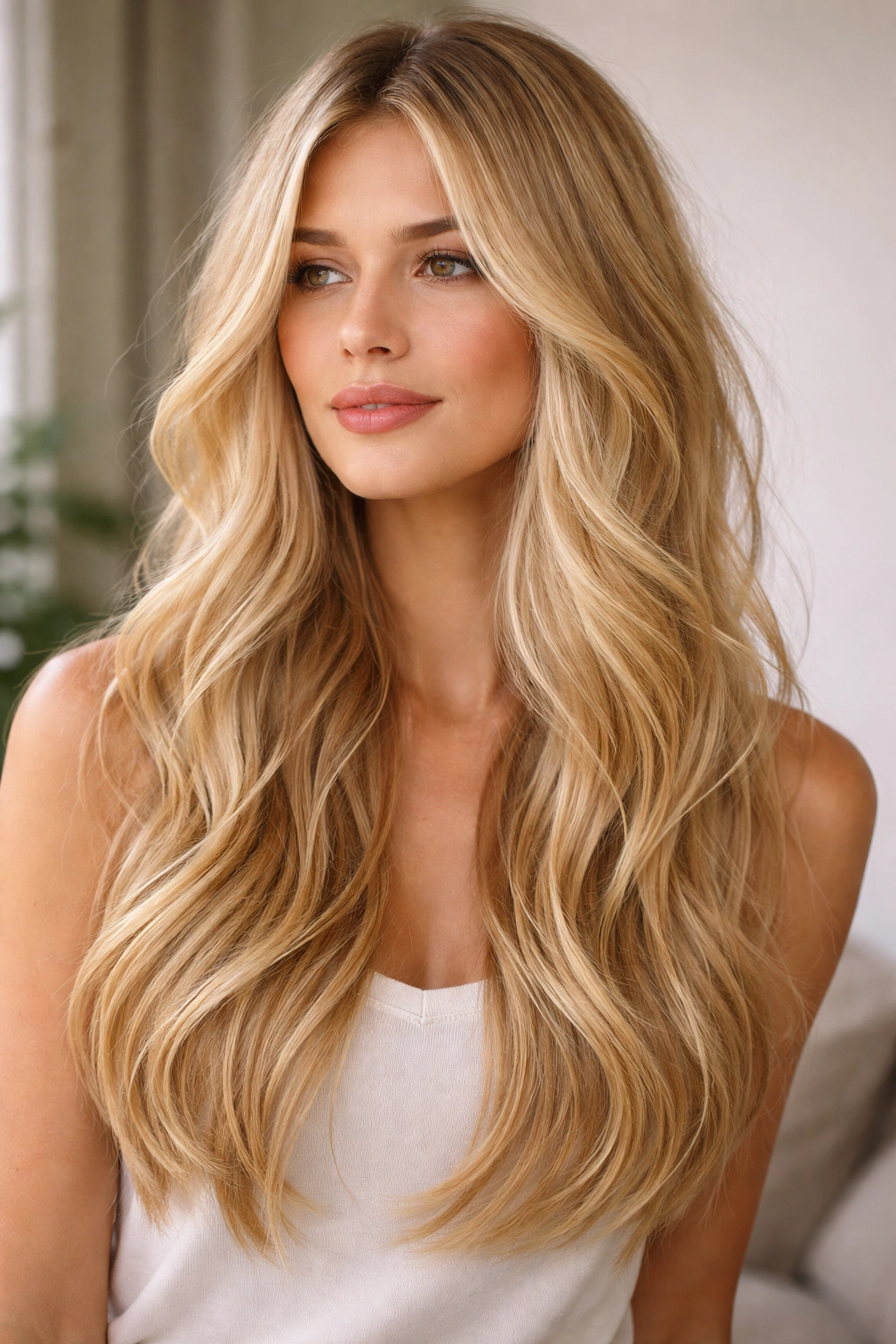 Long layered blonde hair with subtle, loose waves