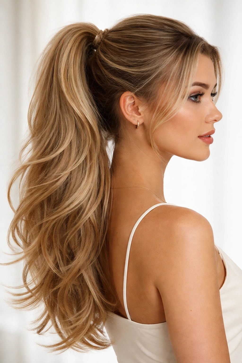 Long layered volume ponytail with cascading strands