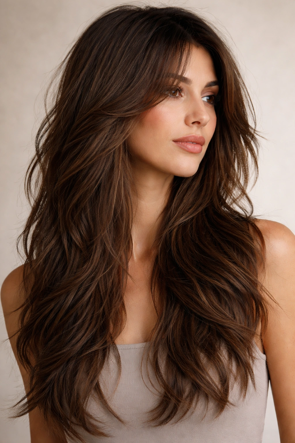 Long brown hair with subtle layered shag for modern texture