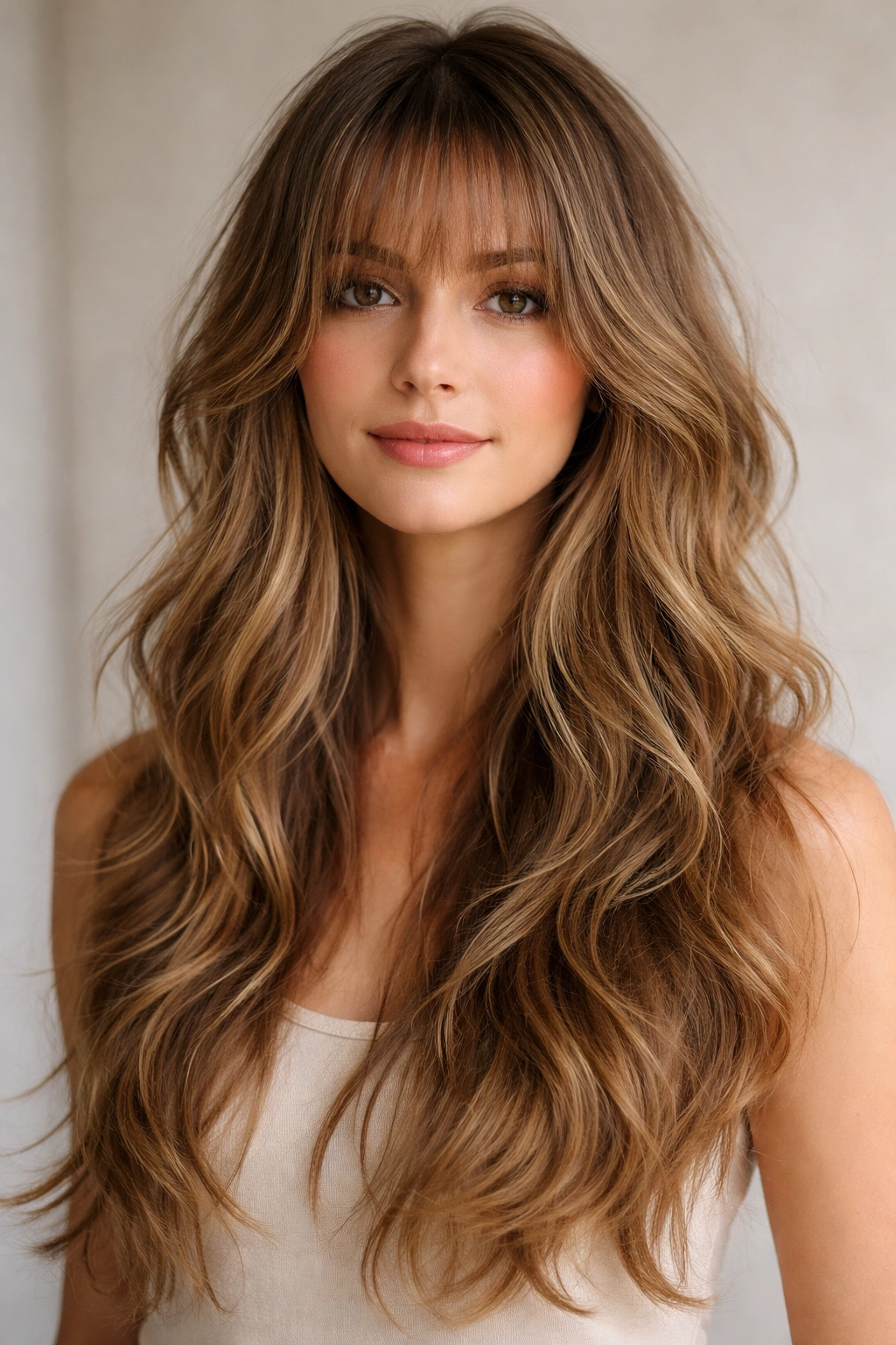 Close-up of long layered shag with wispy bangs, showing textured waves.