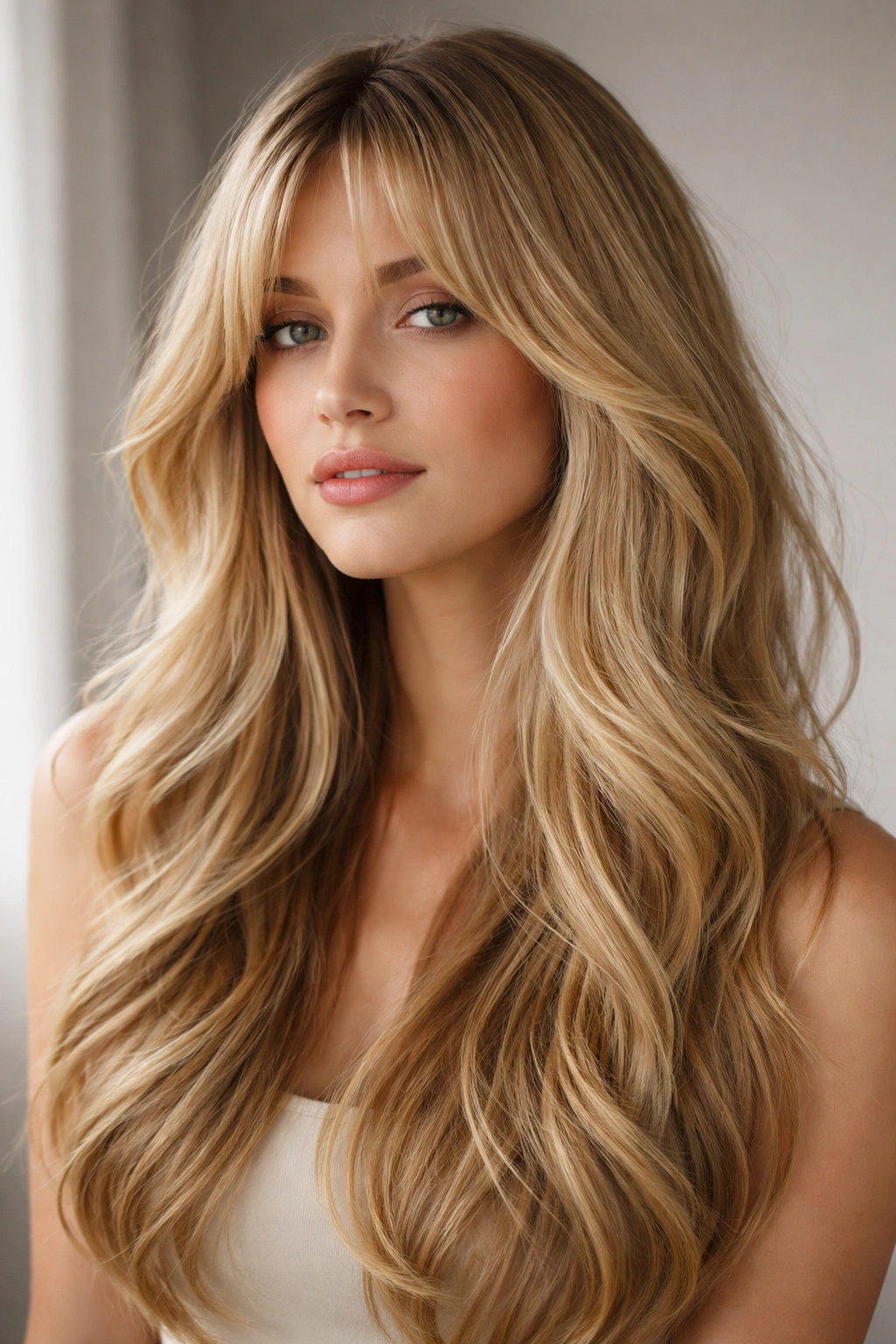 Long layered waves with curtain bangs in blonde hair